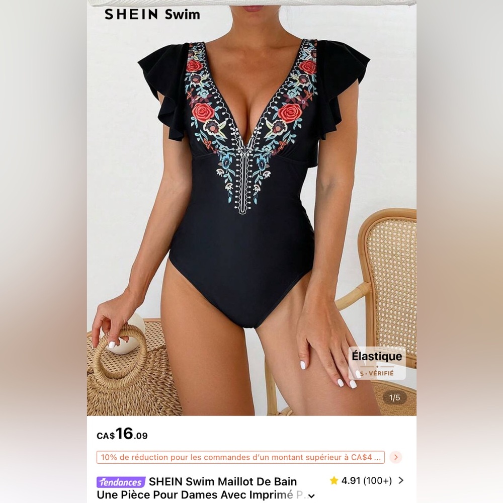 SHEIN Black One Piece with Floral Embroidery - Picture 1 of 1
